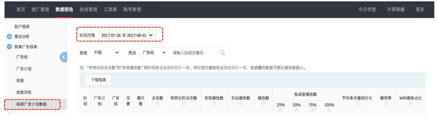 快手广告后台：视频广告计划