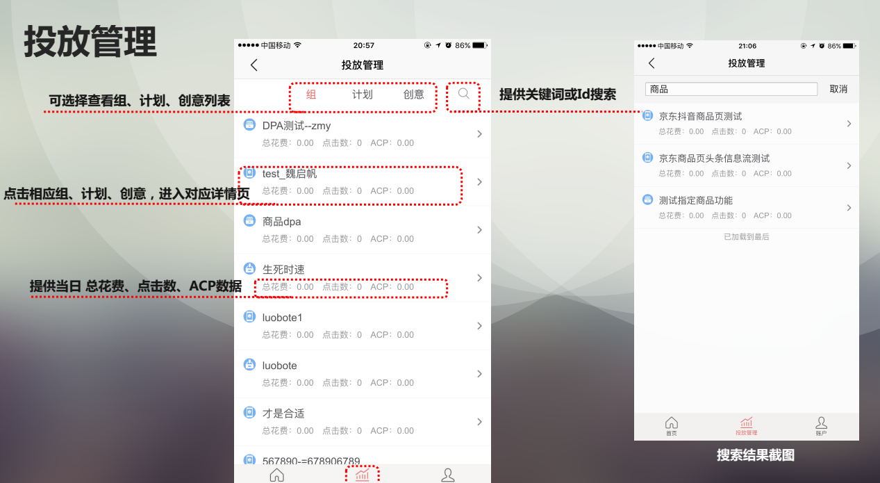 快手APP投放管理，可选择查看组、计划、创意列表，点击相应组、计划、创意、进入对应详情页，提供当日总花费、点击数、ACP数据