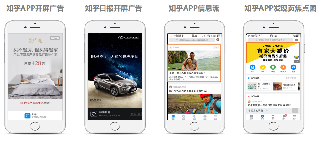 在知乎APP有开屏广告、知乎信息流广告以及知乎APP发现页banner广告；