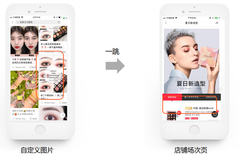 前链为自定义图片；一跳落地店铺场次页