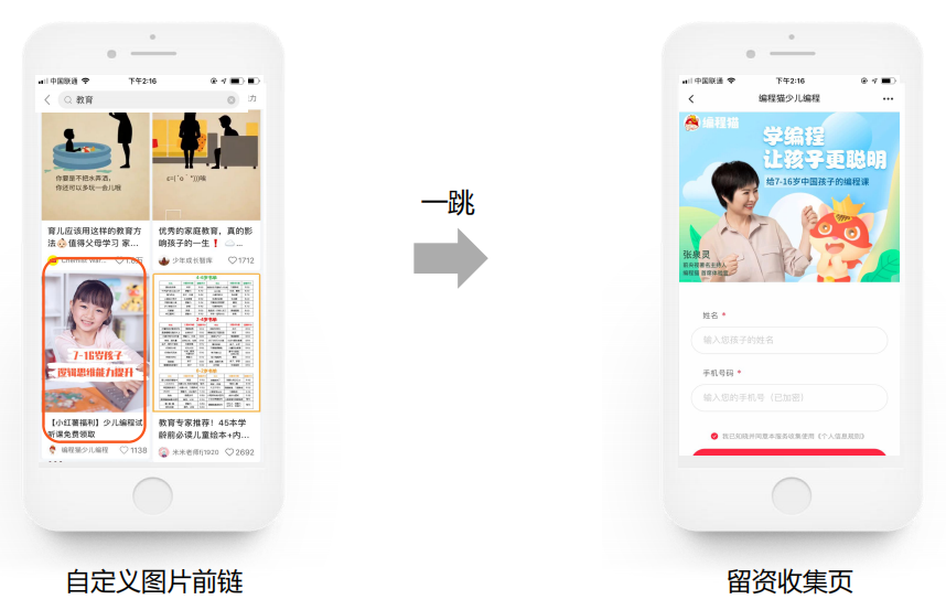 前链为自定义图片；一跳留资收集页