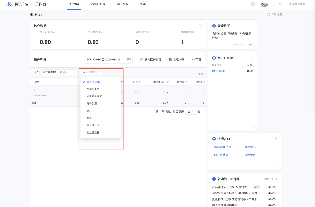 在账户列表中，您可以对广告账户进行一些基本操作，包括：