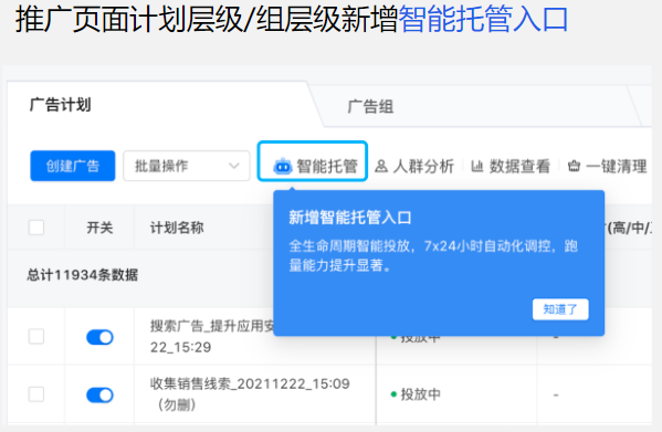 推广页面计划层级/层组级新增只能托管入口