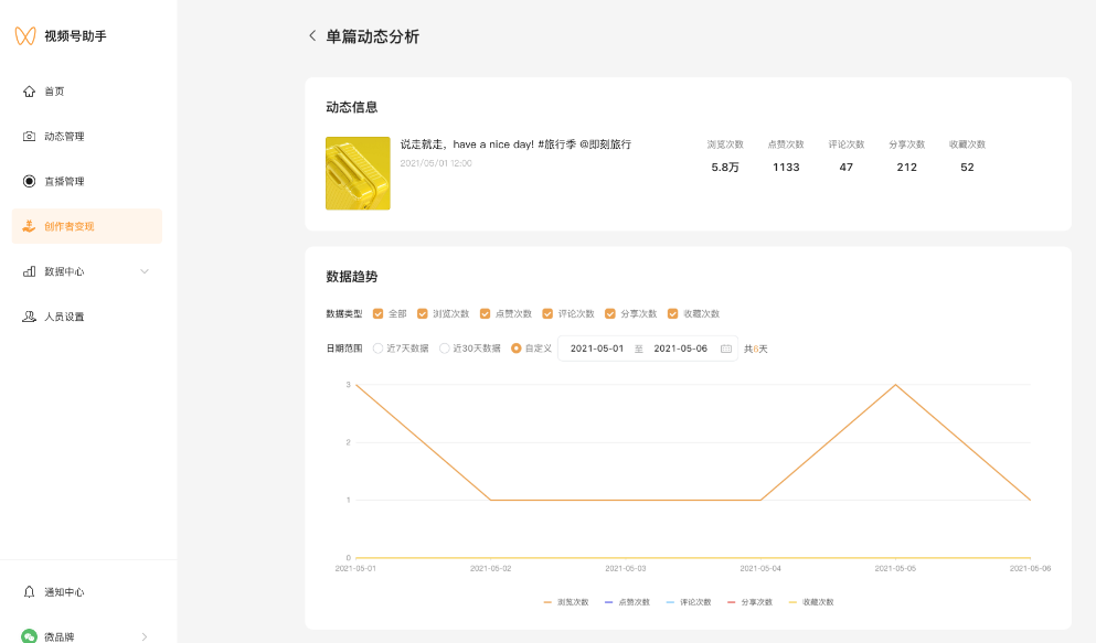 合作视频正式发表后，可在“任务管理-已发表”处查看效果数据和广告详情。