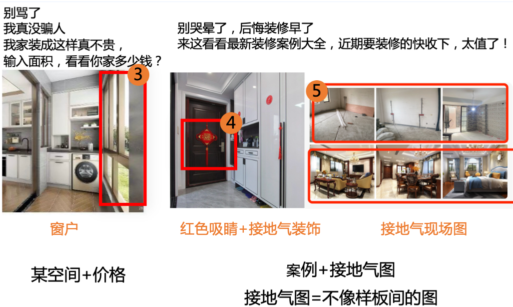 创意内容：多张效果图拼图（选取灯光、阳光、窗户图）、单图（阳台、卫生间图等）、接地气图