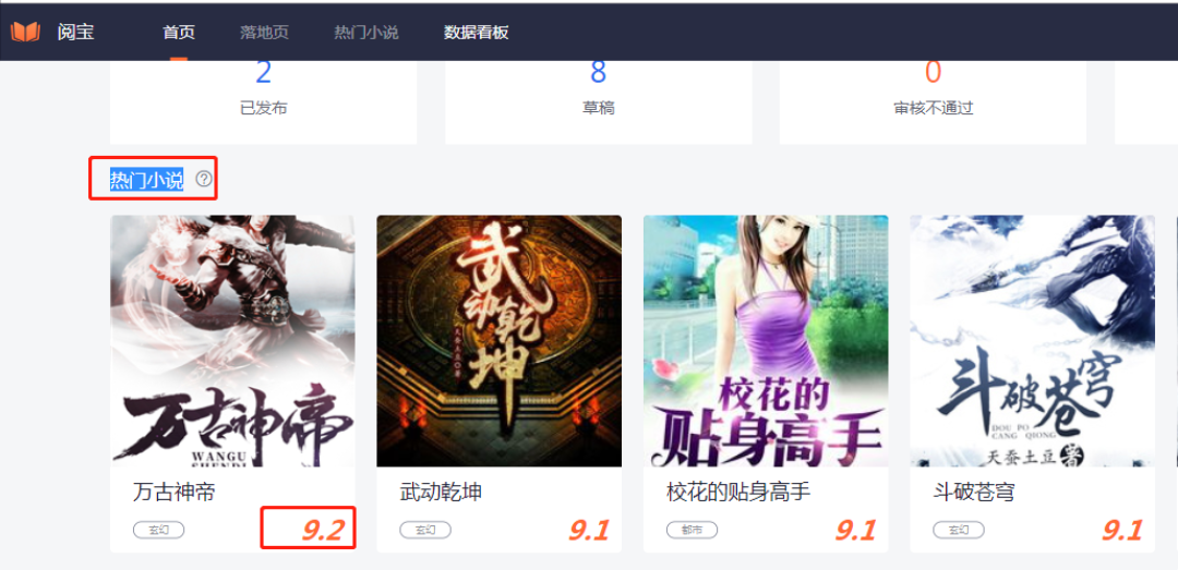 广告主可在阅宝后台-首页-热门小说中，查看小说热门评分。