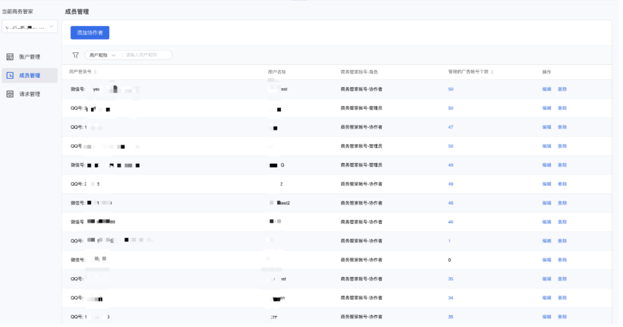   每个商务管家支持添加最多100名成员，您可以在使用该功能为不同的团队成员分配不同的广告账户权限
