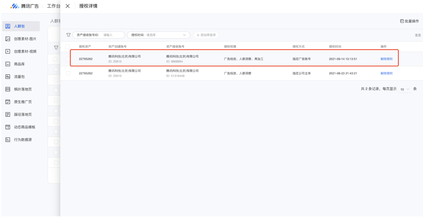 即可解除该条授权关系，解除授权关系后，被授权方使用该资产进行投放的广告不会受到影响，但无法再次编辑或使用该资产新建广告