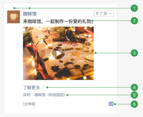 微信广告的图片可选择单图或者多图，也可选择6-15秒的视频素材