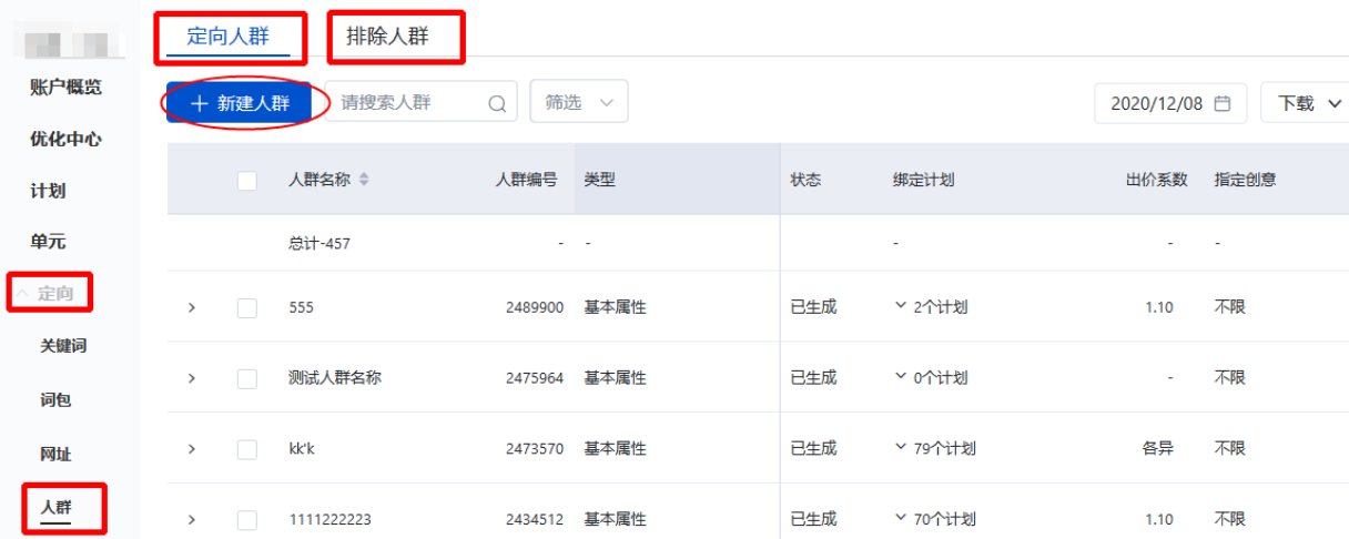 可通过【定向人群】和【排除人群】进行人群创建