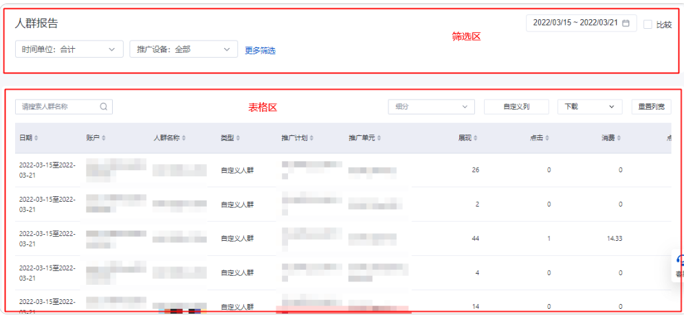 筛选区、表格区