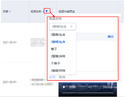 点击视频名称指标旁侧的漏斗icon调取筛选面板，可看到系统支持6种文本类型的筛选