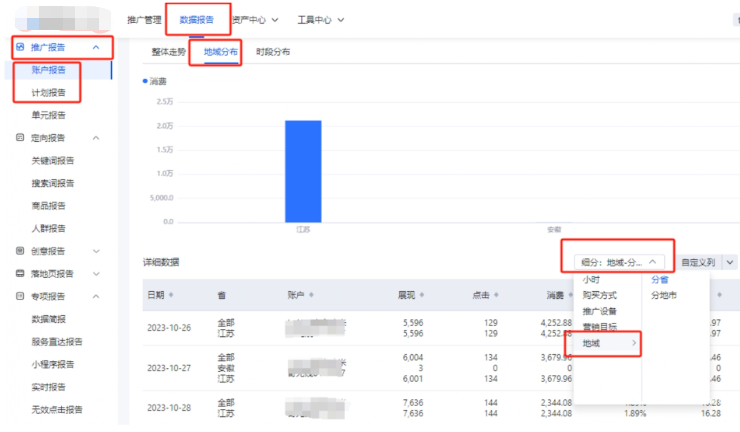 若选择「该地区内或搜索意图在该地区的所有用户」，且数据报告中存在非推广地域有展现的情况，需进行第三步排查