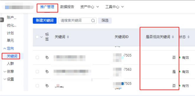 推广管理-关键词-【是否低效关键词】