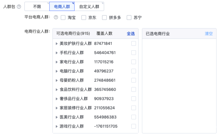 当您的营销目标为电商店铺时，系统为您提供独有的电商人群