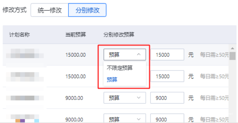 系统也支持分别修改您所选中的计划预算