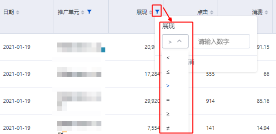 针对数值类型的指标，系统支持按照数值类型进行筛选