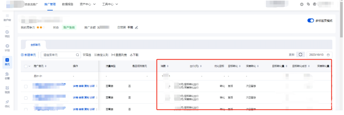 自查问题单元基本信息及转化情况(使用目标转化成本出价方式)