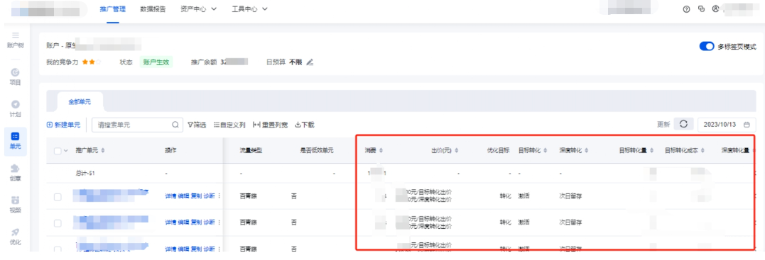 自查问题单元基本信息及转化情况(使用目标转化成本出价方式)