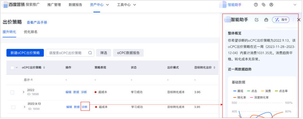 单个出价策略数据诊断入口：