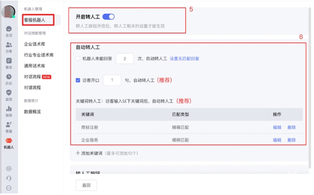 点击【转人工设置】-【开启转人工】-设置自动转人工规则:建议初始设置为【访客开口1句】自动转人工；同时需要添加设置转人工的关键词。