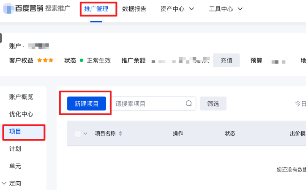 在『推广管理』选择『项目』，点击『新建项目』后可进入新建项目页面
