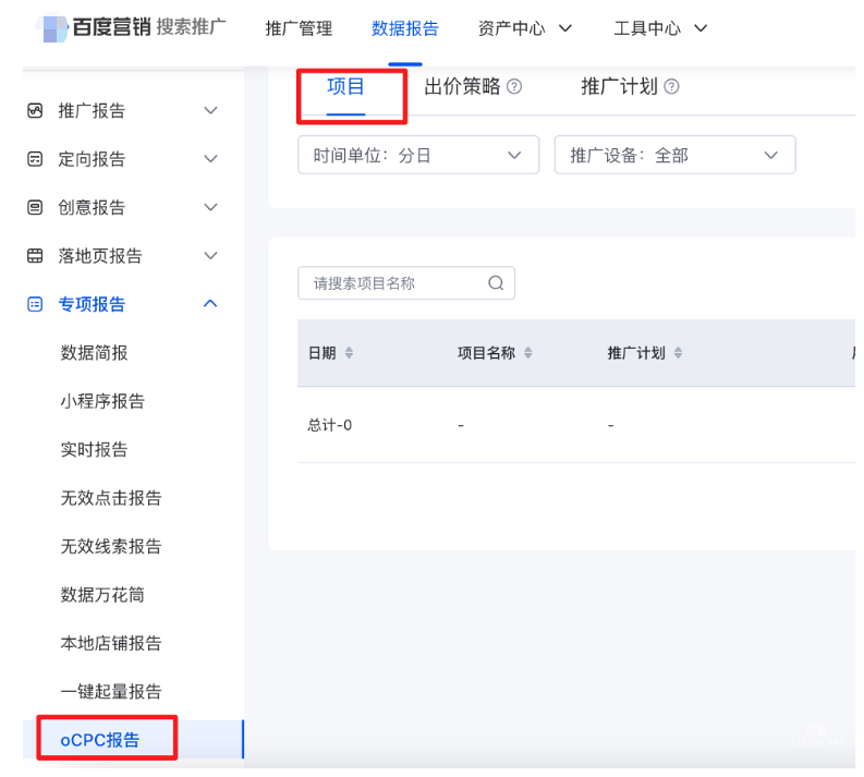 数据报告->专项报告->oCPC报告->项目