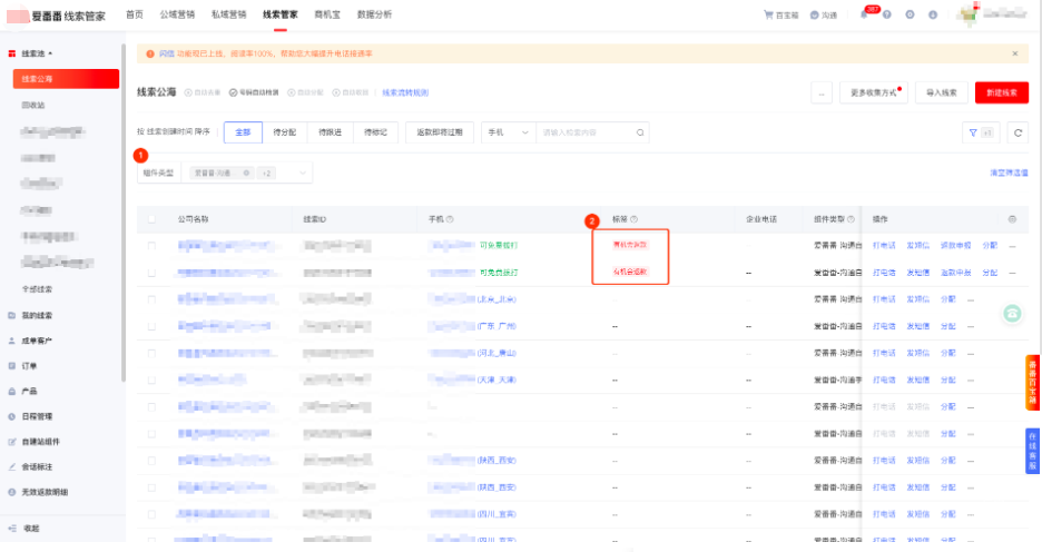 在【标签】列中，找到带有【有机会返款】标签的线索