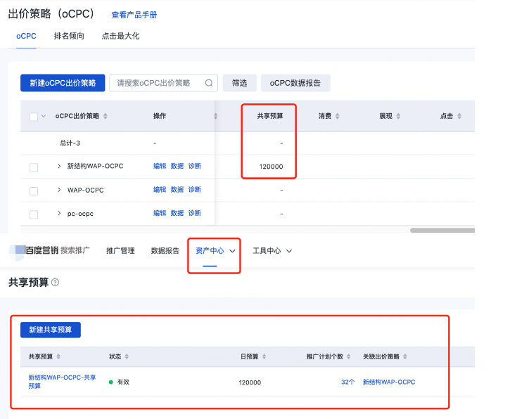 新建/编辑完毕后可在“出价策略列表”中查看所设置的共享预算