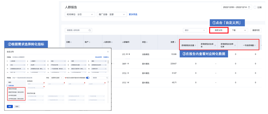 点击「自定义列」，根据需求选择转化指标