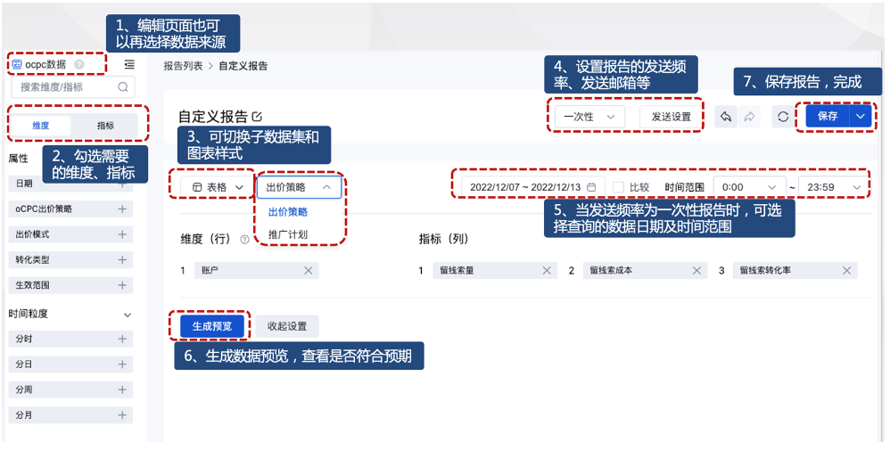 根据需求勾选所需的维度、指标，完成个性化设置，并保存报告