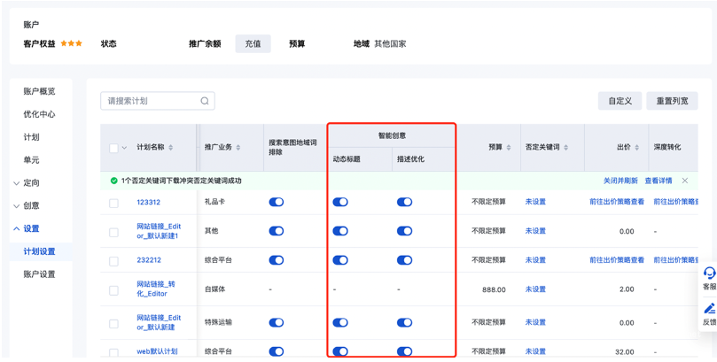 推广管理-计划设置-智能创意中的“动态标题”和“描述优化”开关状态