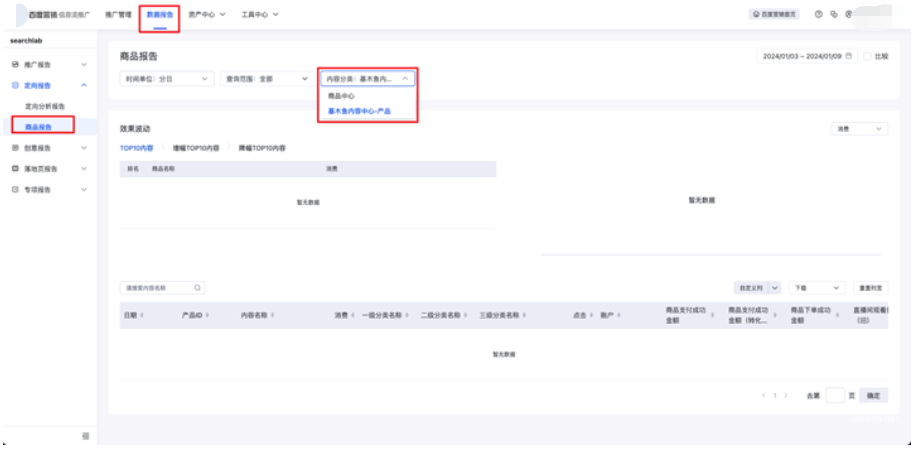在「内容分类」筛选项切换至基木鱼内容中心-产品，可查看内容库数据