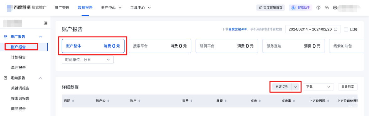 依次导航至“数据报告”、“账户报告”及“账户整体”页面