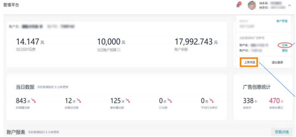 快手广告管理平台的功能组成展示图