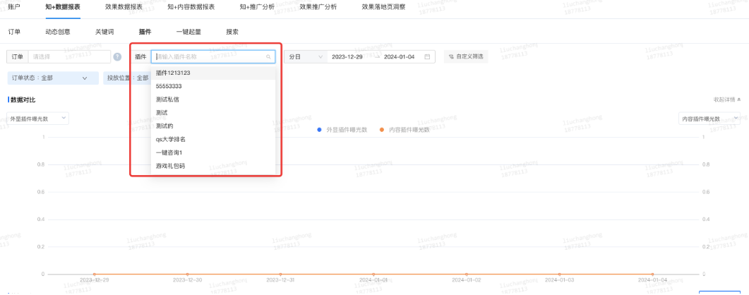 支持按照插件名称查看数据，可点击下拉选择需要查看的插件（可多选）仅支持当前账号下创建的插件进行自定义筛选
