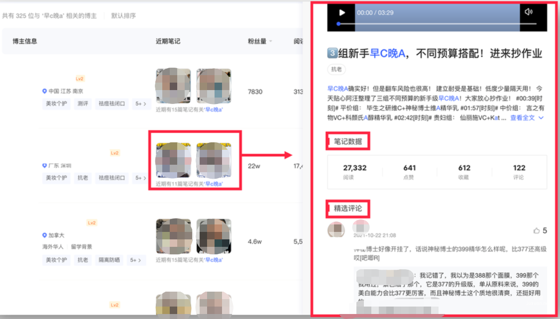 小红书广告博主搜索词及情况