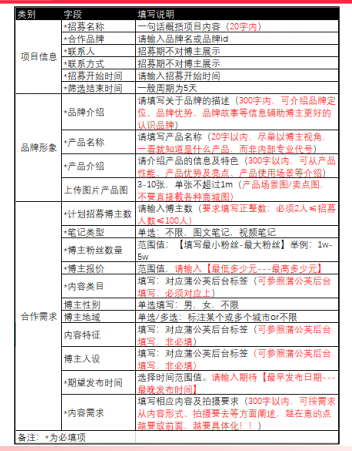 小红书开屏广告招募准备下单需要填写的字段