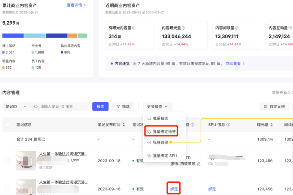 小红书广告单篇笔记绑定标签及批量绑定标签入口示意