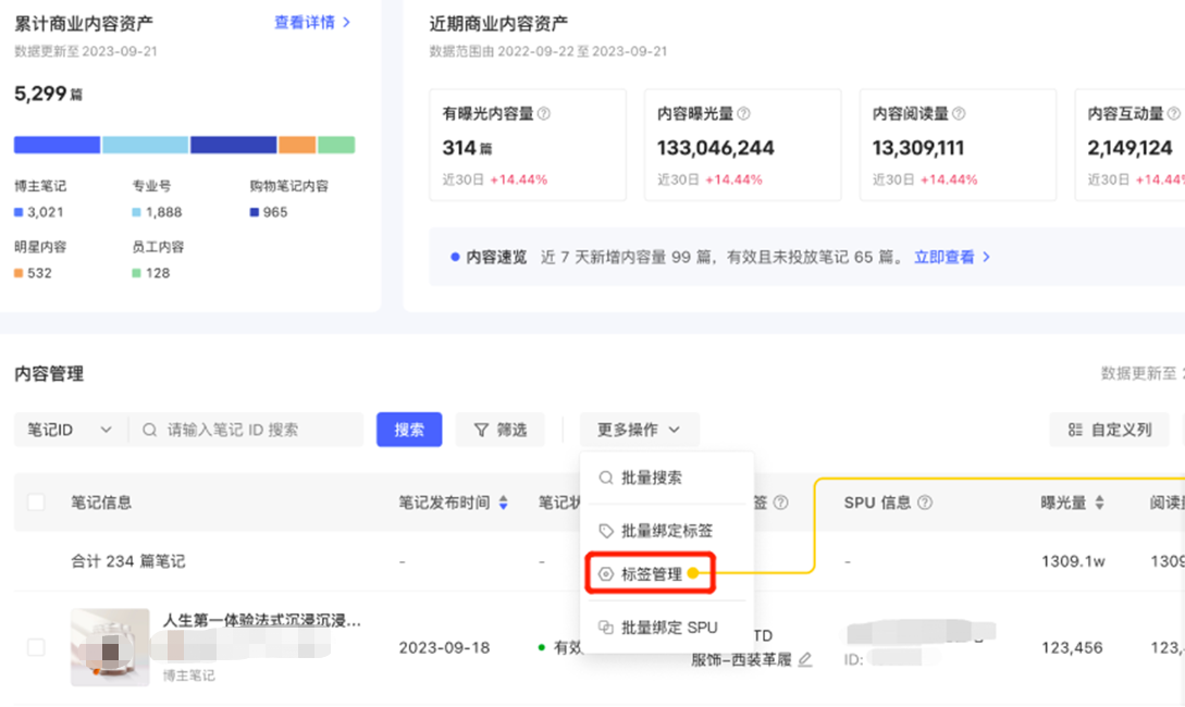 小红书广告标签管理入口示意