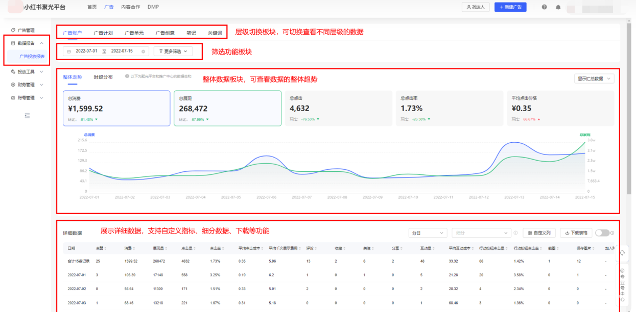 小红书广告数据报告页面