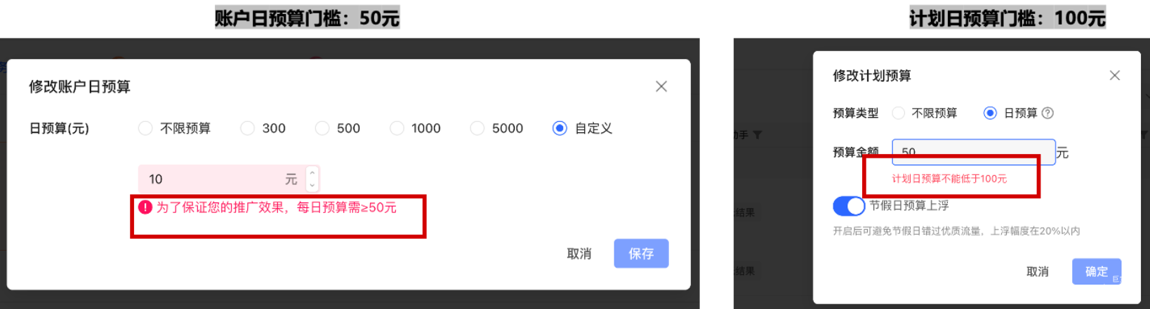 小红书广告账户日预算门槛