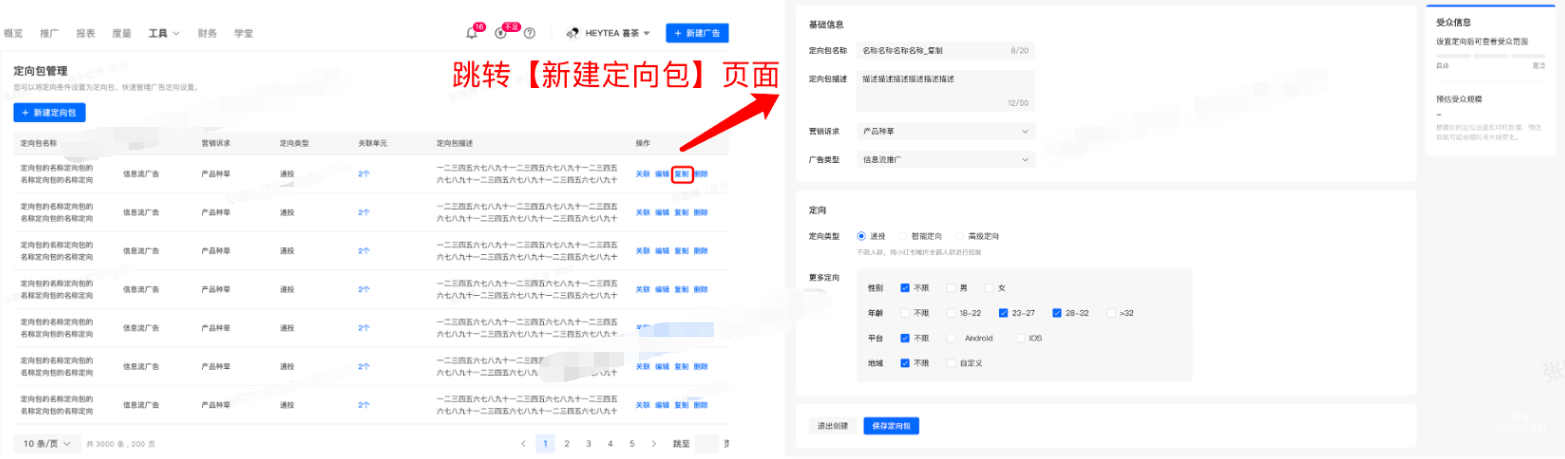 小红书广告新建定向包页面
