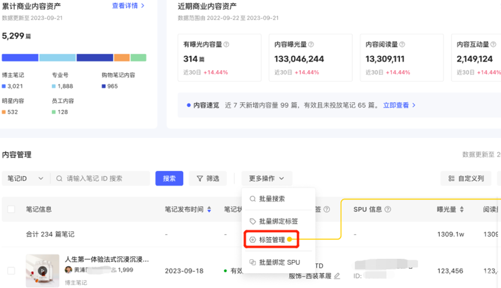 小红书广告标签管理入口示意