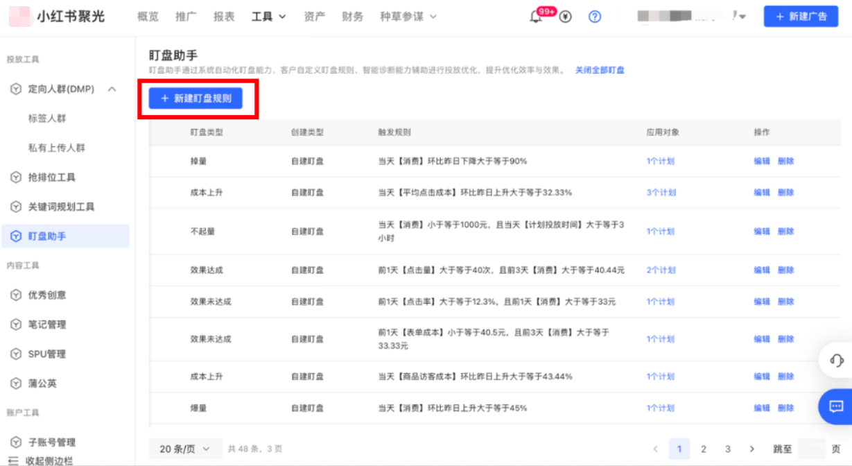 小红书广告新建盯盘规则
