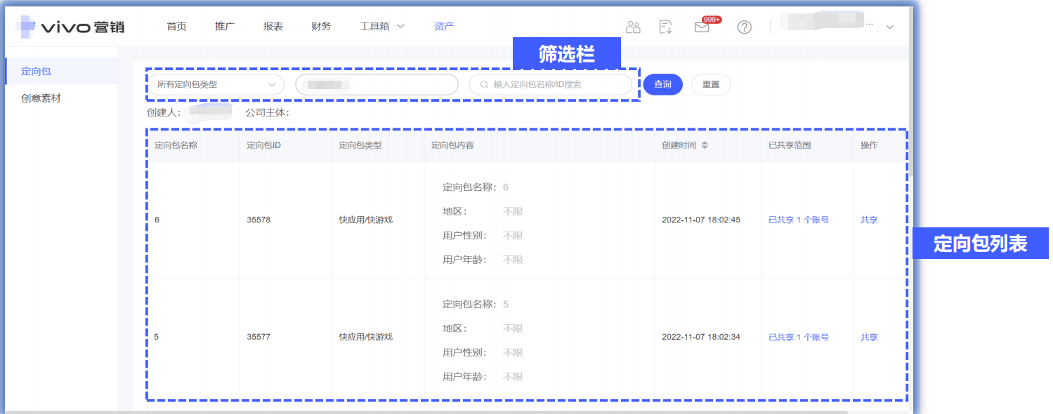 vivo广告共享定向包界面概览